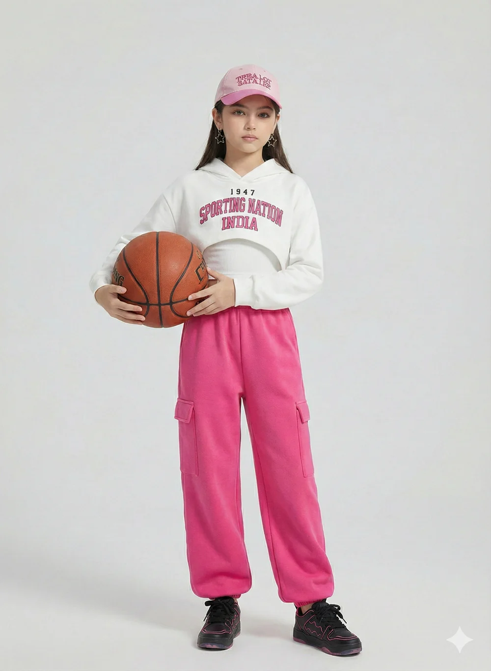 Girls White & Pink Cropped Hoodie & Cargo Joggers