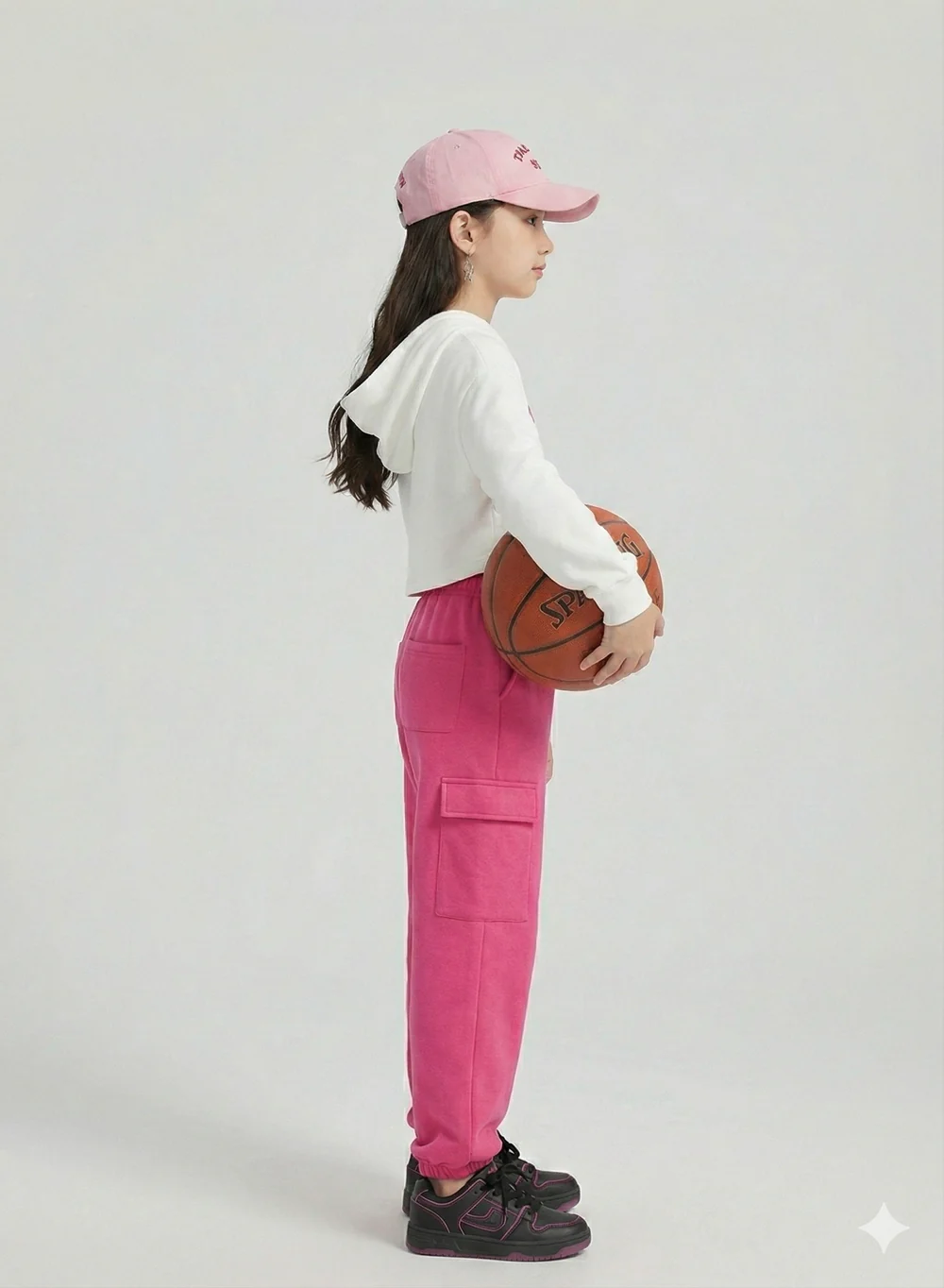 Girls White & Pink Cropped Hoodie & Cargo Joggers