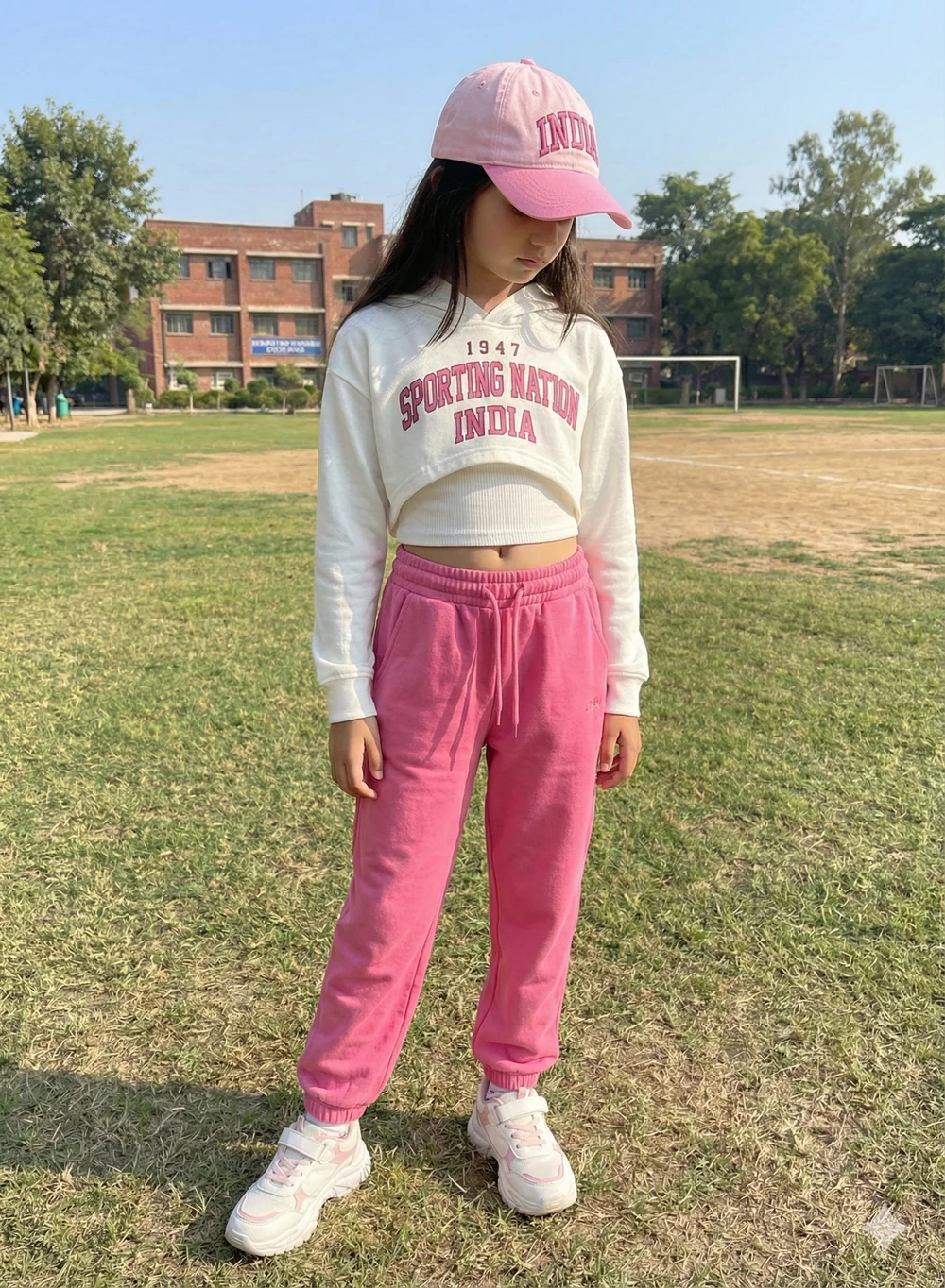 Girls White & Pink Cropped Hoodie & Cargo Joggers