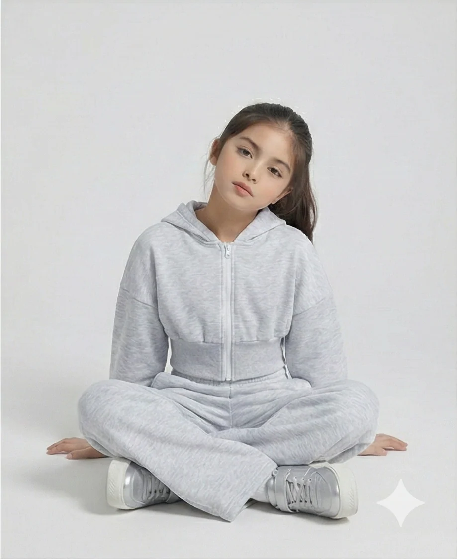 Premium Cropped Hoodie & Wide-Leg Jogger Set – Light Grey