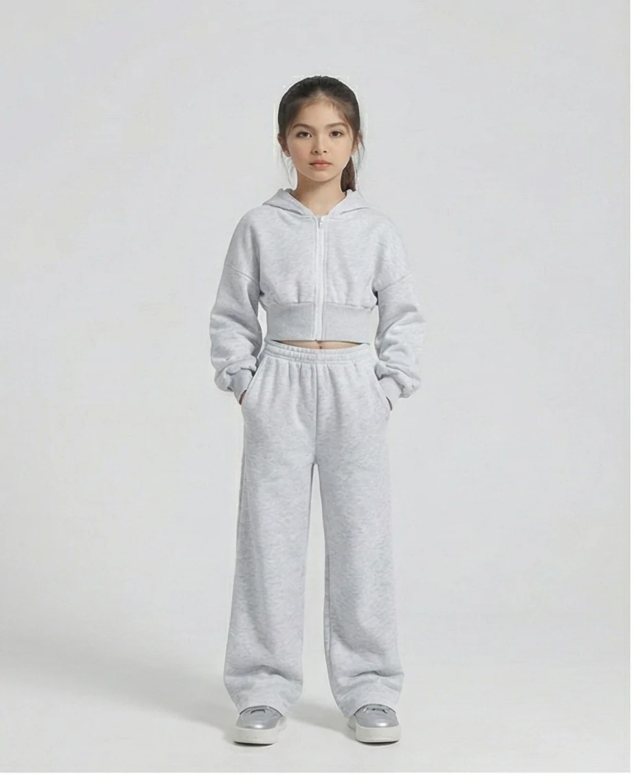 Premium Cropped Hoodie & Wide-Leg Jogger Set – Light Grey
